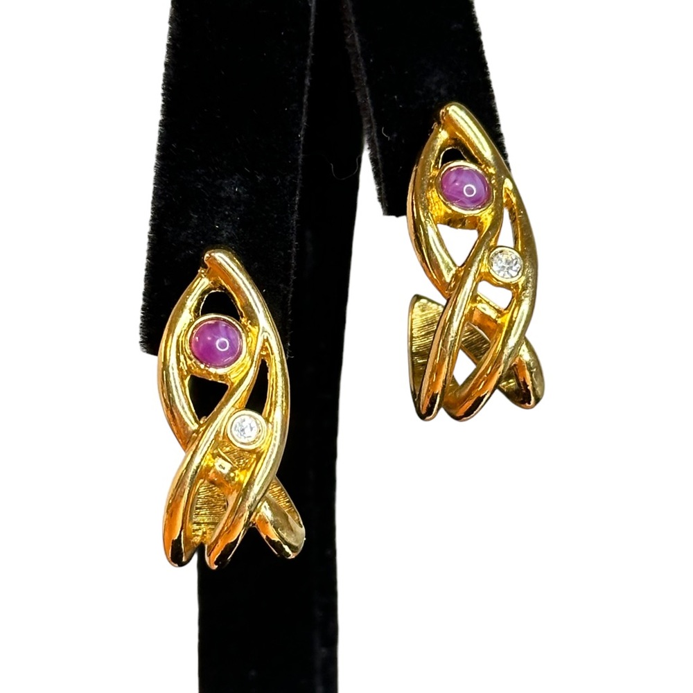 Vintage Gold Tone Purple & Clear Stone Embellished Half Hoop Earrings